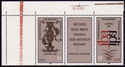 2697-2698 Buchkunst 1982 als Eckrand-Zusammendruck oben links, Zierfeld links **