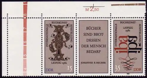 2697-98 Buchkunst 1982 als Eckrand-Zusammendruck oben links, Zierfeld links **