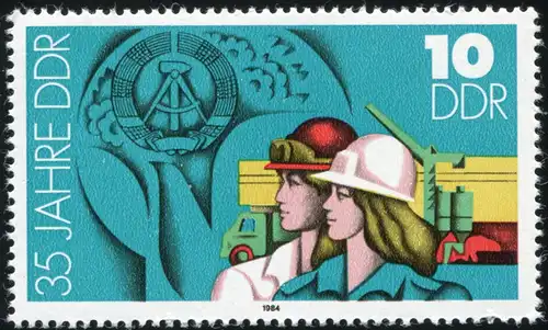 2898 35 ans DDR 10 Pf: ligne abrégée à droite du casque de la femme, case 7, **