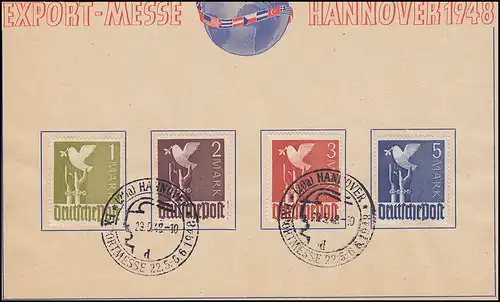 959-962 Freimarken 1 bis 5 Mark, Mark-Werte auf Messe-Blatt SSt HANNOVER 29.5.48