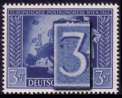 820III Postkongreß 3 Pf - Plattenfehler blauer Fleck links von der 3, F.29 **