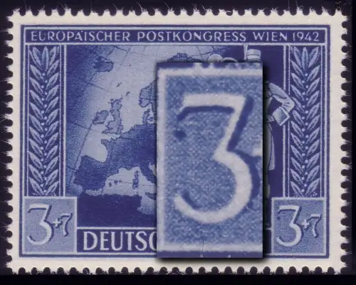 820III Postkongress 3 Pf - Plattenfehler blauer Fleck links von der 3, F.29 **
