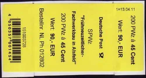 2861 Alsfeld: Banderole pour 200 rouleaux à 45 cents