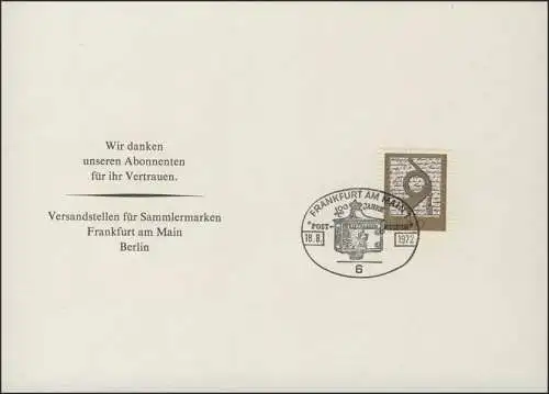 Jahresgabe der Post 100 Jahre Postmuseum Frankfurt/Main, ESSt Frankfurt 18.8.72