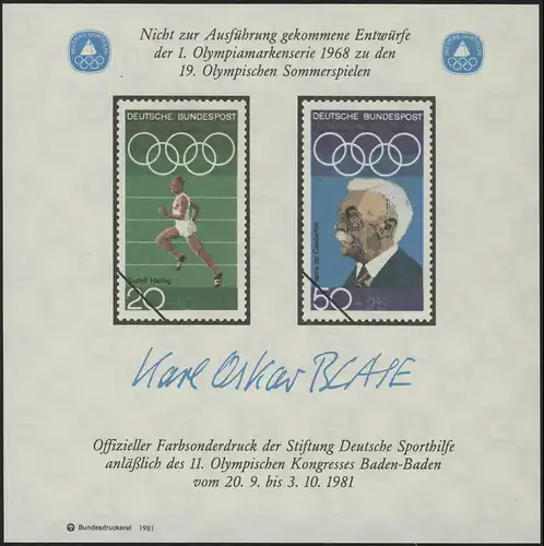Aide sportive Impression spéciale Congrès olympique de course et Pierre de Coubertin 1981