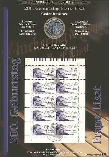 2846 Compositeur et pianiste Franz Liszt - Numisblatt 1/2011