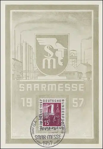 400 Saarmense 1957 sur carte d'exposition SSt SARBRÜCK 26.4.1957