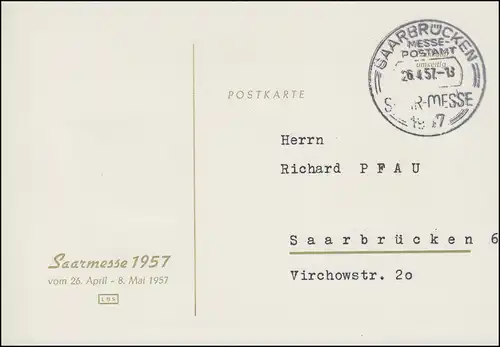 400 Saarmense 1957 sur carte d'exposition SSt SARBRÜCK 26.4.1957