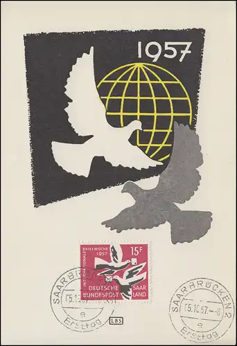 408 Briefwoche 1957 auf Maximumkarte Ersttagsstempel SAARBRÜCKEN 5.10.1957