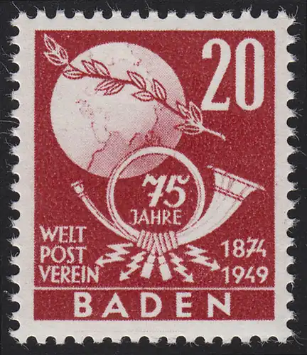 Baden 56 Association postale mondiale UPU 20 pf. **