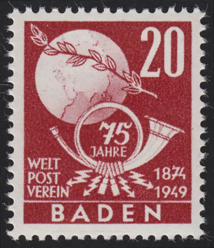 Baden 56 Weltpostverein UPU 20 Pf., postfrisch **