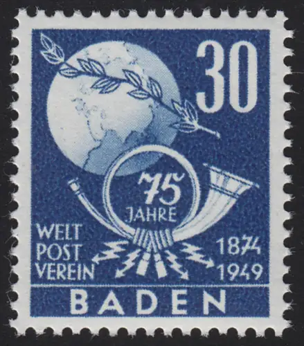 Baden 57 Weltpostverein UPU 30 Pf., postfrisch **