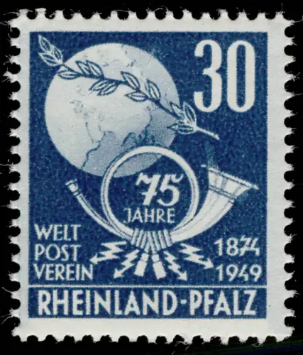 Rheinland-Pfalz 52 Weltpostverein UPU 30 Pf., postfrisch **