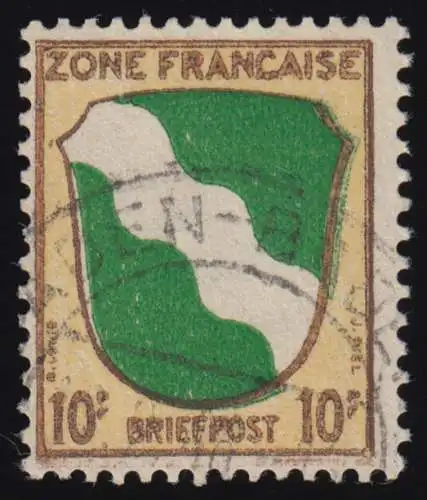 Zone française allg. 5y Armoiries Rhénanie 10 Pf., O Tamponné BPP