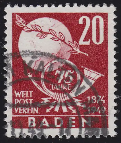 Baden 56 Club postal mondial UPU 20 Pf. O examiné