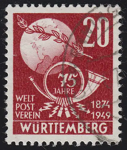 Wurtemberg 51 Association postale mondiale UPU 20 Pf. O Tamponné