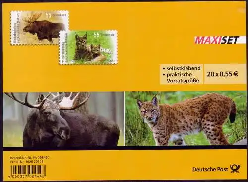 FB 21 Wildtiere Luchs und Elch, Folienblatt 5 mal 2921-2922, **