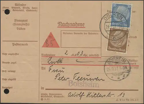 Carte de réduction MiF Hindenburg, Dülken 24.9.37 vers Boisheim