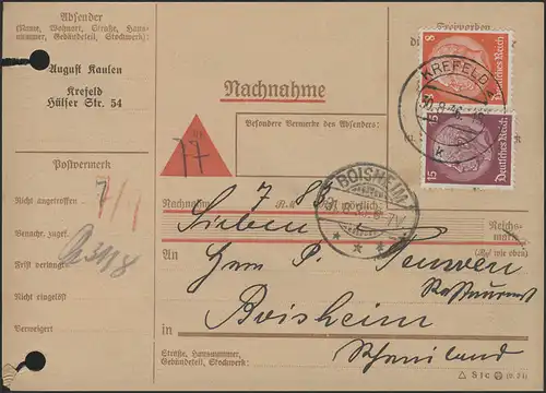 Nachnahmekarte MiF Hindenburg, Krefeld 30.8.36 nach Boisheim