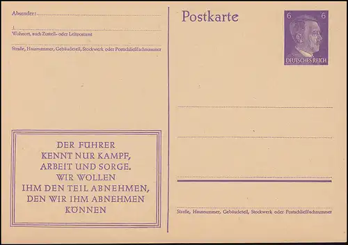 P 312a/08 Hitler 6 Pf violet, impression propagande, ** comme dépensé