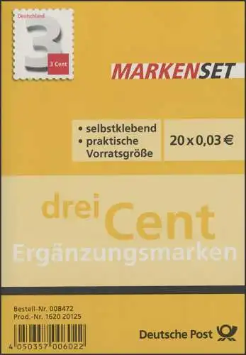 FB 24 Drei Cent, Folienblatt 20 x 2967, postfrisch **