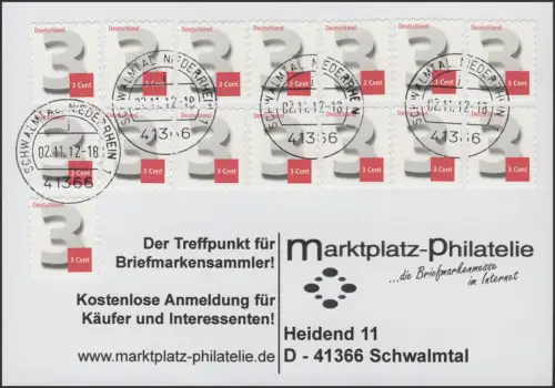 2967 Drei Cent SELBSTKLEBEND 15fach, portogerecht vom Ersttag