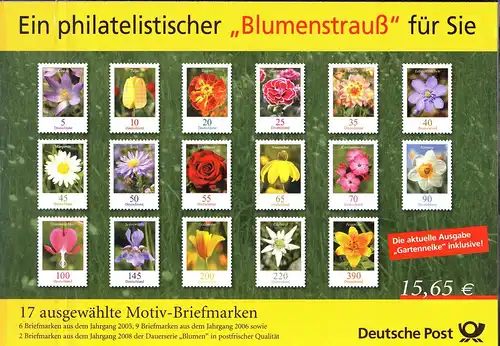 Philatelistischer Blumenstrauß 2008: 17 Motiv-Briefmarken 5 bis 390 Cent **
