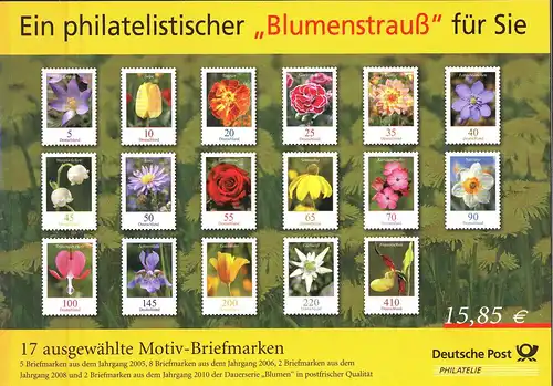 Philatelistischer Blumenstrauß 2010: 17 Motiv-Briefmarken 5 bis 410 Cent **