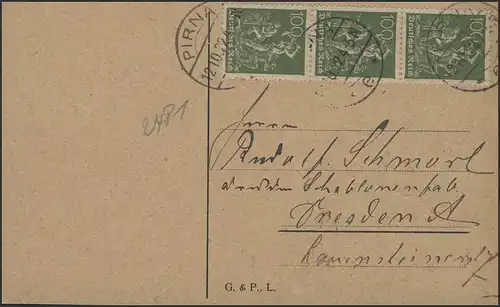 187a ouvriers 100 Pf MeF Carte postale Pirna 12.10.22 après Dresde, INFLA-testé