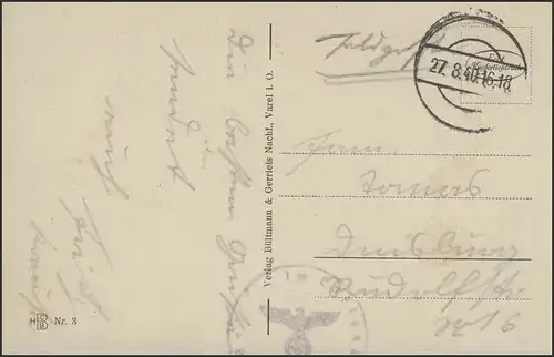 Ansichtskarte Feldpost Varel Mühlenteich, stummer Stempel 27.8.40 Zensur Luftgau