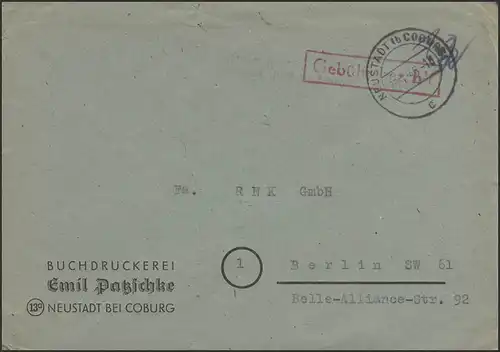 Gebühr-Bezahlt-Stempel Brief Buchdruckerei Neustadt/Coburg 28.1.46 nach Berlin