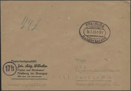 Gebühr-Bezahlt-Stempel Brief Freiburg/Breisgau 18.7.46 nach Berlin