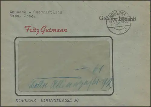 Gebühr-Bezahlt-Stempel Fensterbrief Koblenz 16.1.46