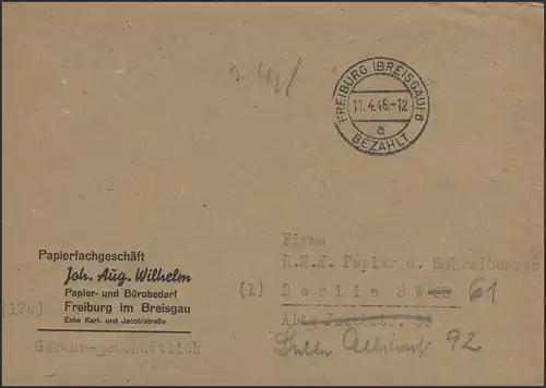 Gebühr-Bezahlt-Stempel Brief Freiburg/Breisgau 11.4.46 nach Berlin