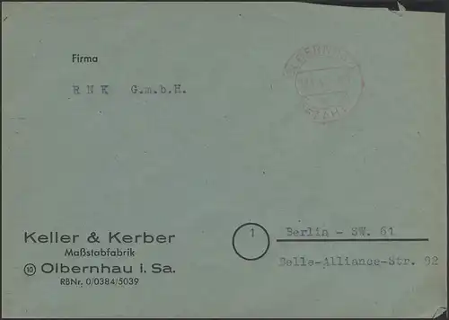 Gebühr-Bezahlt-Stempel Brief Olbernau 19.11.45 nach Berlin