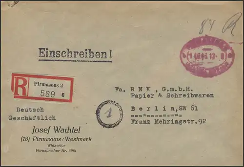 Gebühr-Bezahlt-Stempel R-Brief Pirmasens 14.6.46 nach Berlin