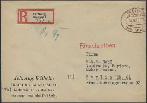 Gebühr-Bezahlt-Stempel R-Brief Freiburg/Breisgau 18.8.46 nach Berlin 23.8.46