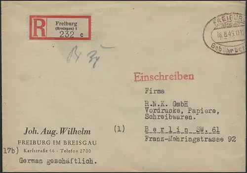 Payé-Temple R-Lettre Fribourg/Breisgau 18.8.46 vers Berlin 23.8.47
