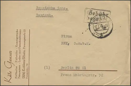 Gebühr-Bezahlt-Stempel Brief Koblenz 17.7.46 nach Berlin