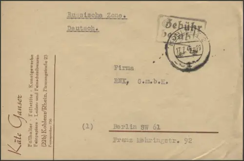Gebühr-Bezahlt-Stempel Brief Koblenz 17.7.46 nach Berlin