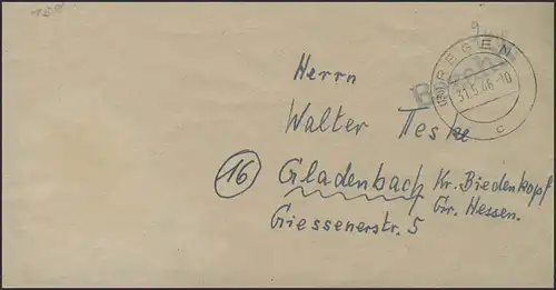 Gebühr-Bezahlt-Stempel Brief Regen 31.5.46 nach Gladenbach