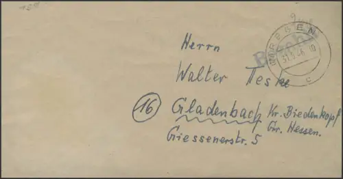 Gebühr-Bezahlt-Stempel Brief Regen 31.5.46 nach Gladenbach
