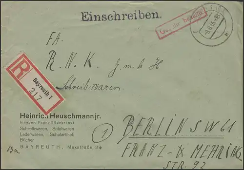 Gebühr-Bezahlt-Stempel R-Brief Bayreuth 9.8.46 nach Berlin 16.8.46