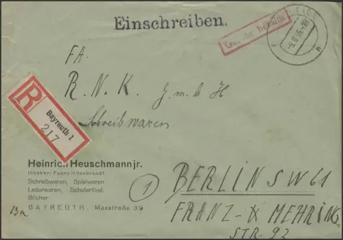 Gebühr-Bezahlt-Stempel R-Brief Bayreuth 9.8.46 nach Berlin 16.8.46