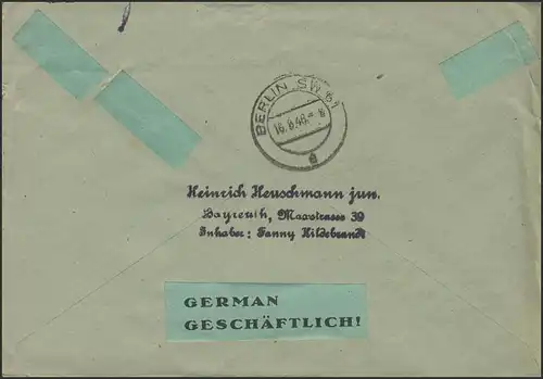 Gebühr-Bezahlt-Stempel R-Brief Bayreuth 9.8.46 nach Berlin 16.8.46