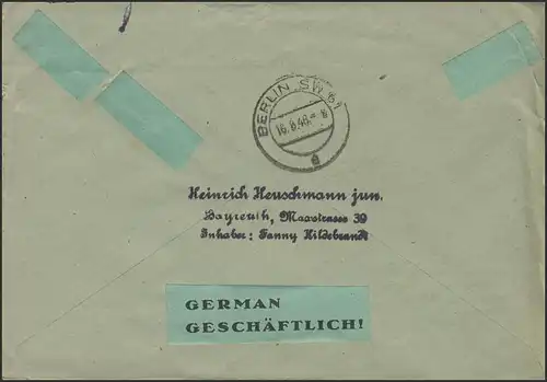 Temple payant R-Lettre Bayreuth 9.8.46 vers Berlin 16.8.47