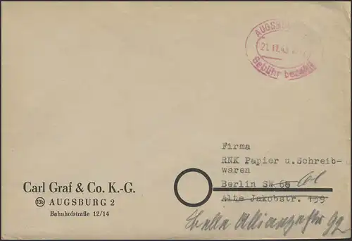 Gebühr-Bezahlt-Stempel Brief Augsburg 21.11.45 nach Berlin