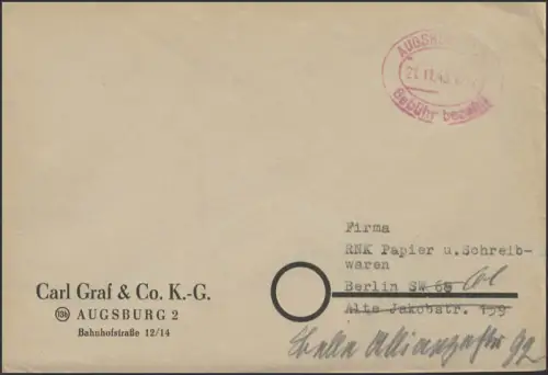 Gebühr-Bezahlt-Stempel Brief Augsburg 21.11.45 nach Berlin