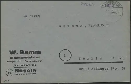 Gebühr-Bezahlt-Stempel Brief Baugeschäft Mügeln/Jesssen, Jüterbog 1.11.45