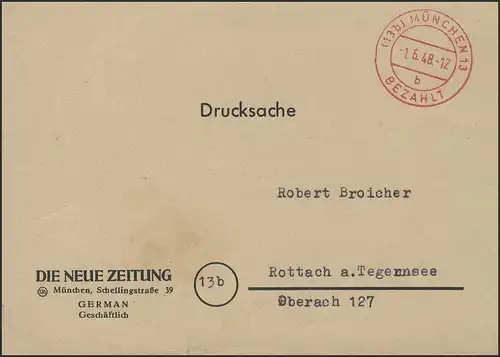 Gebühr-Bezahlt Drucksache Die Neue Zeitung München 1.5.48 